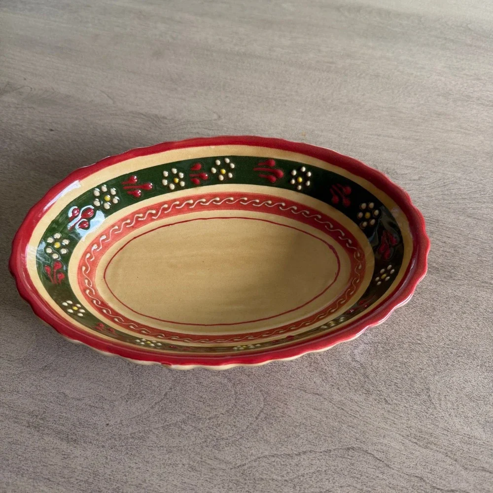 Hand Painted Ceramic Oval Serving Bowl Scalloped Rim Floral Folk Art Red Green